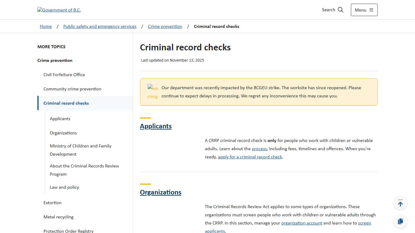 Criminal record checks - Province of British Columbia